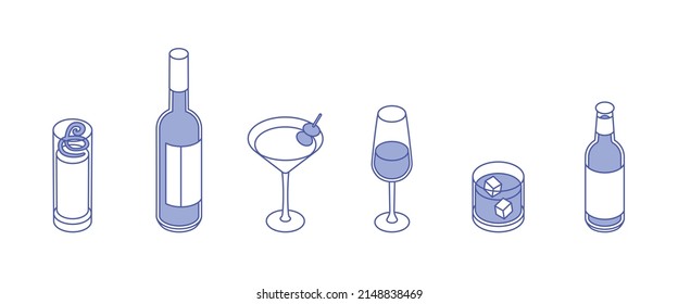 Drinks set. Isometric vector illustration in flat design. Outline, linear style, line art. Beverage, glass, juice, water, cup.