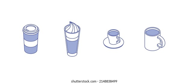 Drinks set. Isometric vector illustration in flat design. Outline, linear style, line art. Beverage, glass, coffee, cup.