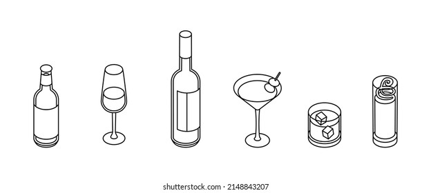 Drinks set. Isometric vector illustration in flat design. Outline, linear style, line art. Beverage, glass, juice, water, cup.