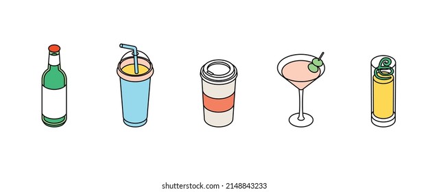 Drinks set. Isometric vector illustration in flat design. Outline, linear style, line art. Beverage, glass, juice, water, cup.