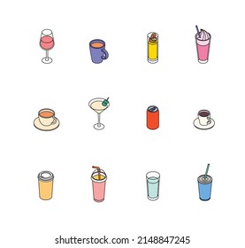 Drinks set. Isometric vector illustration in flat design. Outline, linear style, line art. Beverage, glass, juice, water, cup.