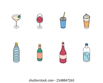 Drinks set. Isometric vector illustration in flat design. Outline, linear style, line art. Beverage, glass, juice, water, cup.