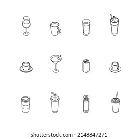 Set de bebidas. Isometric vectorial ilustración en diseño plano. Contorno, estilo lineal, línea de arte. Bebida, vidrio, jugo, agua, taza.