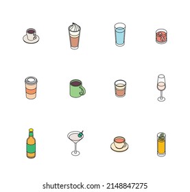 Drinks set. Isometric vector illustration in flat design. Outline, linear style, line art. Beverage, glass, juice, water, cup.