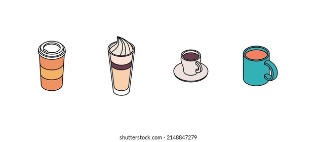 Drinks set. Isometric vector illustration in flat design. Outline, linear style, line art. Beverage, glass, juice, water, cup.