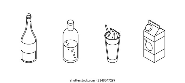 Drinks set. Isometric vector illustration in flat design. Outline, linear style, line art. Beverage, glass, juice, water, cup.