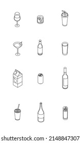 Drinks set. Isometric vector illustration in flat design. Outline, linear style, line art. Beverage, glass, juice, water, cup.