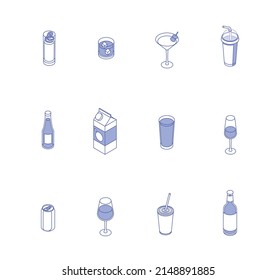 Getränke werden gestellt. Isometrische Vektorgrafik in flachem Design. Linienführung, Linearstil, Line Art. Getränke, Glas, Saft, Wasser, Tasse, Kaffee, Tee. Symbole. Bearbeitbarer Strich.