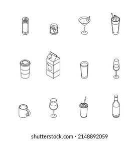 Drinks set. Isometric vector illustration in flat design. Outline, linear style, line art. Beverage, glass, juice, water, cup. Icons. Editable stroke.