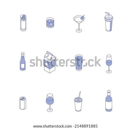 Drinks set. Isometric vector illustration in flat design. Outline, linear style, line art. Beverage, glass, juice, water, cup, coffee, tea. Icons. Editable stroke.