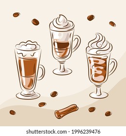 Getränke werden gestellt. Latte-Kaffee, Espresso, Cappuccino-Glasur. Menü eingestellt. Einfache, lineare Zeichnung, Hintergrund.