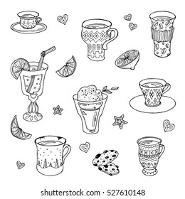 Drinks - a set of outline vector illustrations of drinks and spices; separated, isolated on white