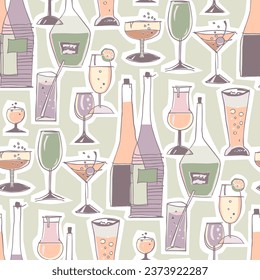 Drinks Set Seamless Pattern. Vector Template for Label, Menu, Wallpaper, Textile, Packaging.