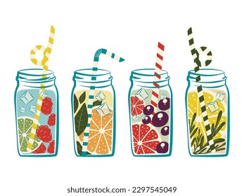drinks, set of summer, cool, citrus drinks in jars with a straw, vector illustration