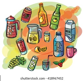 Drinks set watercolor sketches