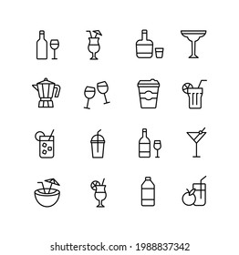 Drinks Simple Thin Line Icon Set Vector Illustration. Wine Glass And Bottle, Cocktails, Alcohol, Coffee Maker, Glasses, Coffee To Go, Coconut Drink, Martini, Plastic Bottle, Cold Drink To Go.