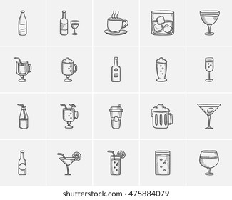 Drinks sketch icon set for web, mobile and infographics. Hand drawn drinks icon set. Drinks vector icon set. Drinks icon set isolated on white background.