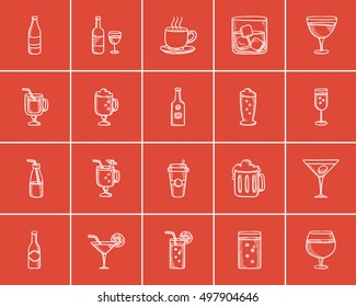 Drinks sketch icon set for web, mobile and infographics. Hand drawn drinks icon set. Drinks vector icon set. Drinks icon set isolated on red background.