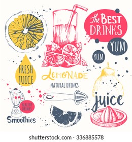 Drinks in sketch style. Useful natural juices and smoothies. Vector funny illustration with lemonade, drinks and kitchen equipment. Detox. Healthy lifestyle.