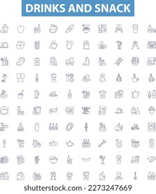 Drinks and snack line icons, signs set. Cuisine, Diet, Baking, Feasting, Gourmet, Nourishment, Banquet, Savoring, Food outline vector illustrations.