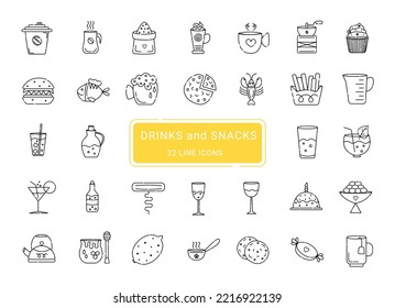 Drinks and snacks, 32 line vector icons