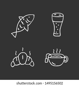 Drinks with snacks chalk icons set. Fish, beer glass, croissant and hot tea isolated vector chalkboard illustrations. Harmful and healthy beverages with appetizers. Delicious food, tasty meal
