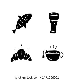 Drinks with snacks doodle glyph icons set. Harmful and healthy beverages with appetizers silhouette symbols. Fish, beer glass, croissant and hot tea vector isolated illustration. Delicious food