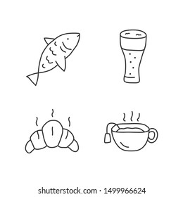 Drinks with snacks linear icons set. Delicious food, harmful and healthy meal thin line contour symbols. Fish, beer, croissant and hot tea isolated vector outline illustrations. Editable stroke