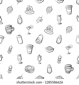 Drinks and Snacks set. Background for printing, design, web. Usable as icons. Seamless. Monochrome binary, black and white.