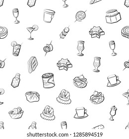 Drinks and Snacks set. Background for printing, design, web. Usable as icons. Seamless. Monochrome binary, black and white.