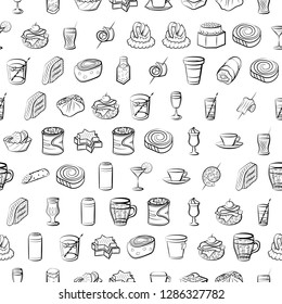 Drinks and Snacks set. Background for printing, design, web. Usable as icons. Seamless. Monochrome binary, black and white.