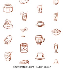 Drinks and Snacks set. Background for printing, design, web. Usable as icons. Seamless. Binary color.
