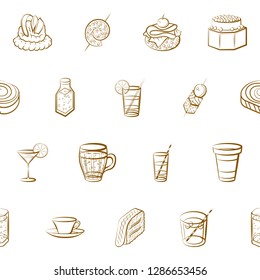 Drinks and Snacks set. Background for printing, design, web. Usable as icons. Seamless. Binary color.