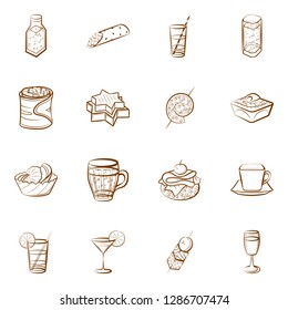 Drinks and Snacks set. Background for printing, design, web. Usable as icons. Binary color.