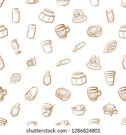 Drinks and Snacks set. Background for printing, design, web. Usable as icons. Seamless. Binary color.