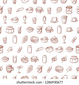 Drinks and Snacks set. Background for printing, design, web. Usable as icons. Seamless. Binary color.