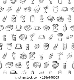 Drinks and Snacks set. Background for printing, design, web. Usable as icons. Seamless. Monochrome binary, black and white.