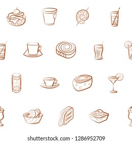 Drinks and Snacks set. Background for printing, design, web. Usable as icons. Seamless. Binary color.