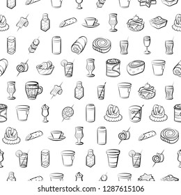 Drinks and Snacks set. Background for printing, design, web. Usable as icons. Seamless. Monochrome binary, black and white.