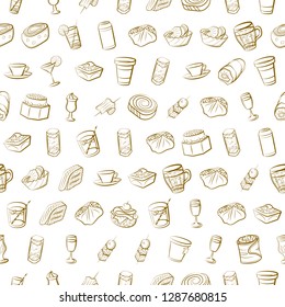 Drinks and Snacks set. Background for printing, design, web. Usable as icons. Seamless. Binary color.