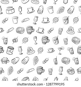 Drinks and Snacks set. Background for printing, design, web. Usable as icons. Seamless. Monochrome binary, black and white.