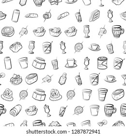Drinks and Snacks set. Background for printing, design, web. Usable as icons. Seamless. Monochrome binary, black and white.