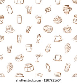 Drinks and Snacks set. Background for printing, design, web. Usable as icons. Seamless. Binary color.