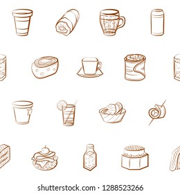 Drinks and Snacks set. Background for printing, design, web. Usable as icons. Seamless. Binary color.