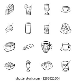 Drinks and Snacks set. Background for printing, design, web. Usable as icons. Monochrome binary, black and white.