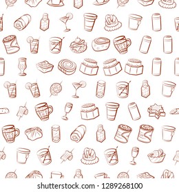Drinks and Snacks set. Background for printing, design, web. Usable as icons. Seamless. Binary color.