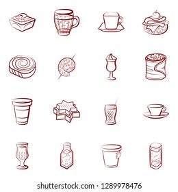 Drinks and Snacks set. Background for printing, design, web. Usable as icons. Binary color.