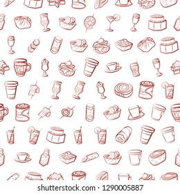Drinks and Snacks set. Background for printing, design, web. Usable as icons. Seamless. Binary color.