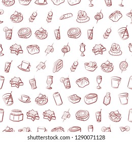 Drinks and Snacks set. Background for printing, design, web. Usable as icons. Seamless. Binary color.