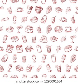 Drinks and Snacks set. Background for printing, design, web. Usable as icons. Seamless. Binary color.